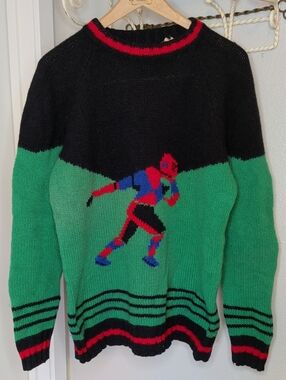 Vintage 60s Men's Sports Sweater Virgin Wool Blue & Green Hockey Football MCM